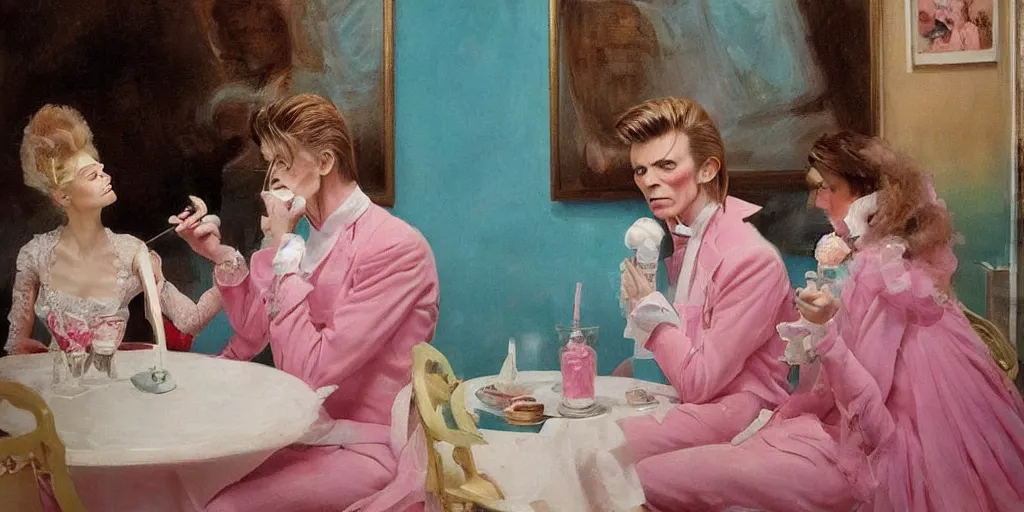 Image similar to 3 d david bowie, dressed in a pink, white, and teal ballgown, in an ice cream parlor, master painter and art style of noel coypel, art of emile eisman - semenowsky, art of edouard bisson