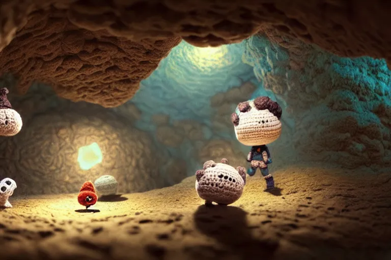 Image similar to an expedition of crochet cute astronauts discovering a new cave underground. cute, illustration, digital art, inspired by little big planet, by greg rutkowski, detailed, sharp, masterpiece, highly detailed, photorealistic, octane render, 8 k, unreal engine 5, trending on artstation, vivid colors