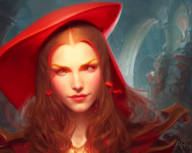 Image similar to red hat wizard, deep focus, d & d, fantasy, intricate, elegant, highly detailed, digital painting, artstation, concept art, matte, sharp focus, illustration, hearthstone, art by artgerm and greg rutkowski and alphonse mucha