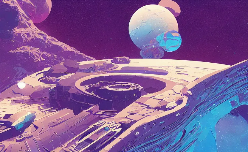 Prompt: space engine, intricate, moebius, james gilleard, print, game art