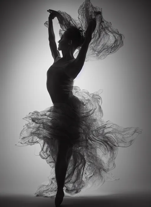 Image similar to a Photorealistic dramatic hyperrealistic render of a glamorous beautiful Female smoke dancer by Ken Brower and Deborah Ory of NYC Dance project,Lois Greenfield,Flowing cloth and smoke,Beautiful dynamic dramatic dark moody lighting,volumetric,shadows,cinematic atmosphere,Octane render,8K