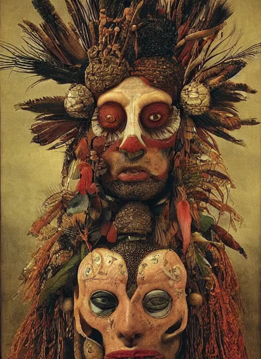 Prompt: a (((surreal))) painting of a shaman's face, by Giuseppe Arcimboldo, symbolist, soft colors, dramatic lighting, smooth, sharp focus, extremely detailed, aesthetically pleasing composition