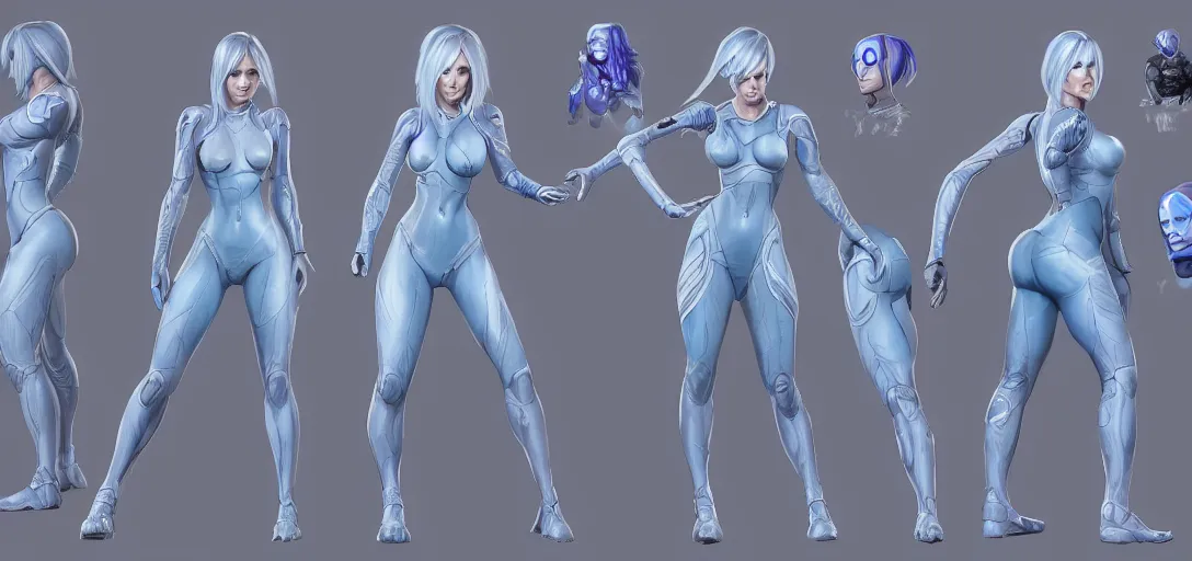 Prompt: character sheet concept art of cortana, realistic, hyper realistic, photographic, costume, by marc brunet and artgerm