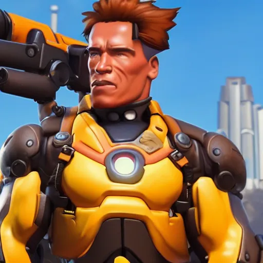 Image similar to a screenshot of arnold schwarzenegger as tracer in overwatch