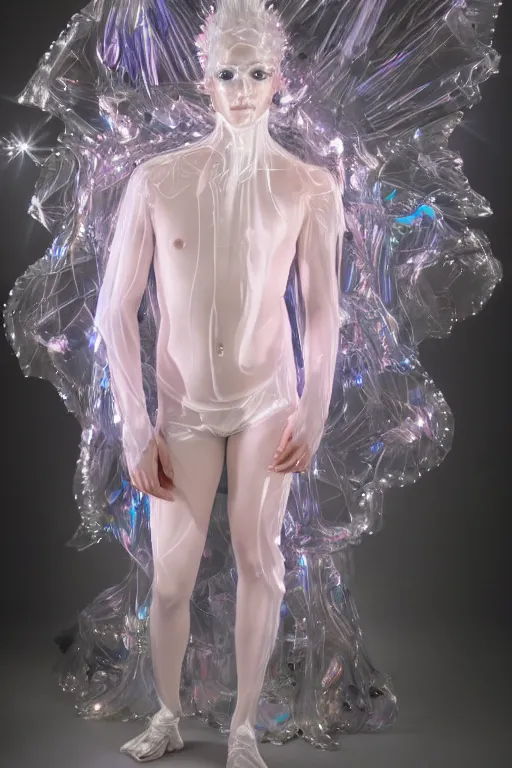 Image similar to full-body rococo and cyberpunk delicate crystalline sculpture of a muscular iridescent slender Spanish male as a humanoid deity wearing a thin see-through ((plastic hooded cloak)) sim roupa, reclining con las piernas abiertas, glowing pink face, crown of white lasers, large diamonds, swirling black silk fabric. futuristic elements. oozing glowing liquid, full-length view. space robots. human skulls. throne made of bones, intricate artwork by caravaggio. Trending on artstation, octane render, cinematic lighting from the right, hyper realism, octane render, 8k, depth of field, 3D