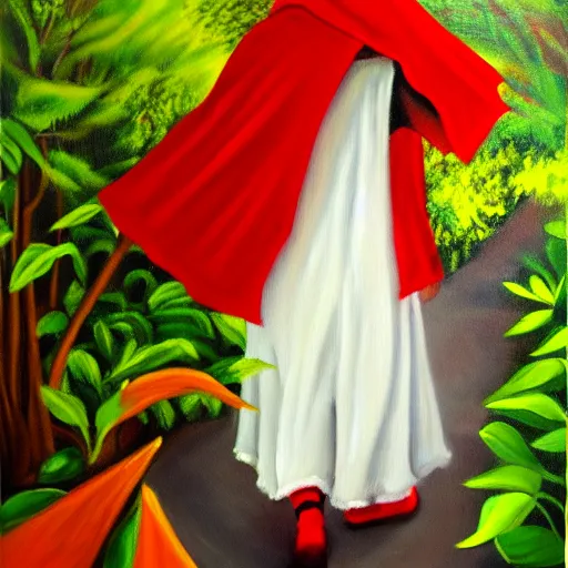 Image similar to oil painting of little red riding hood walking through a fantasy landscape filled with brugmansia suaveolens