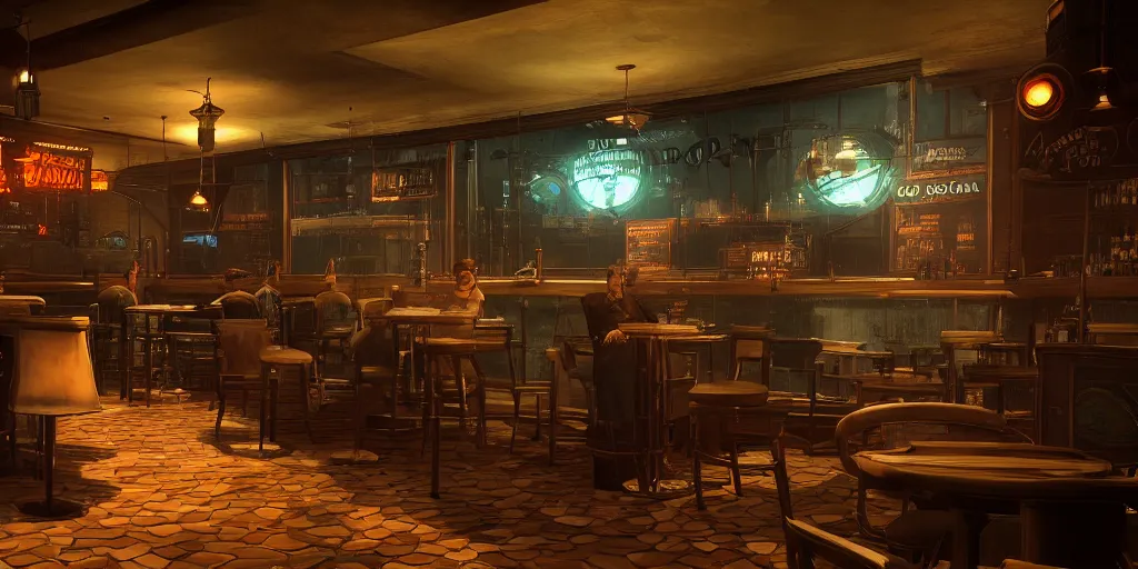 Image similar to In the world of rapture from the world of bioshock you are in a bar, there is a window that lets you see the whole city underwater and you are drinking a rum and coke