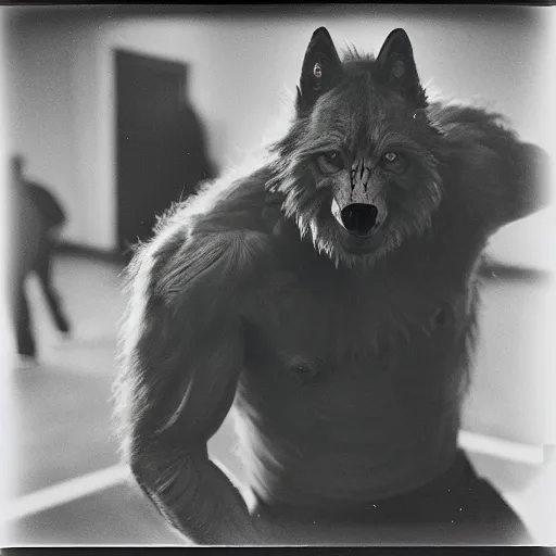 Prompt: a human transforming into a werewolf, studio medium format photograph