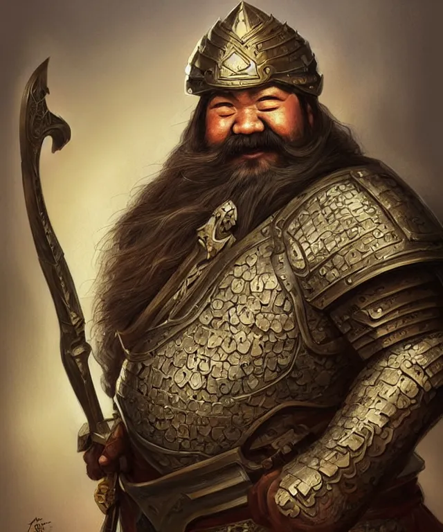 Prompt: old mongolian dwarven general portrait, armored, holding a warhammer, face, long hair, moustache, goatee, fantasy, intricate, elegant, highly detailed, digital painting, artstation, concept art, smooth, sharp focus, illustration, art by artgerm and greg rutkowski and alphonse mucha