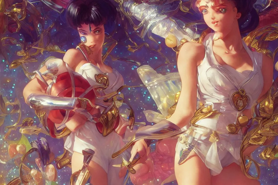 Image similar to Ultra realistic illustration, full body sailor moon at a sausage party, sci-fi, fantasy, intricate, elegant, highly detailed, digital painting, artstation, concept art, smooth, sharp focus, illustration, art by artgerm and greg rutkowski and alphonse mucha