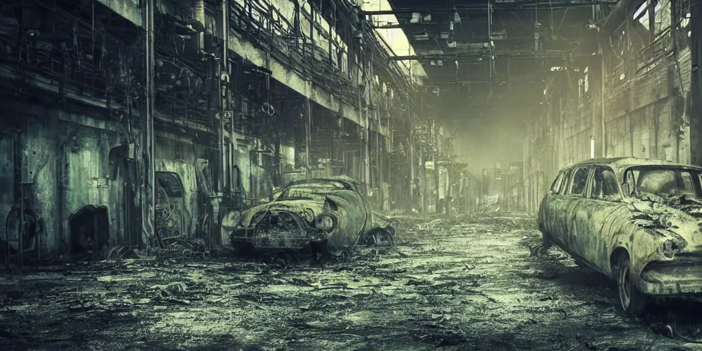 Image similar to close up of a car in an old industrial car factory, a ghostly figure is walking between the broken cars, everything is rusted and broken and covered in moss, night time low light, spooky and scary atmosphere, artstation,