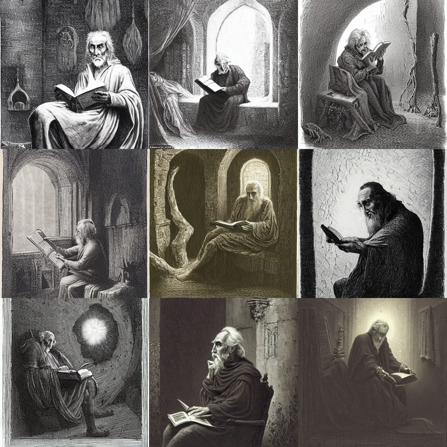 Prompt: a 1 3 th century, enigmatic, melancholic, fae wizard ( look like ( ( eighty years old christopher lee ) ), is ( ( reading an old book ) ). light dust, magnificent, hyperdetailed, theatrical, painted by gustave dore