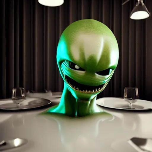 Image similar to spooky alien inside a restaurant, photorealistic ultra high resolution, ultra detailed, ray tracing, octane