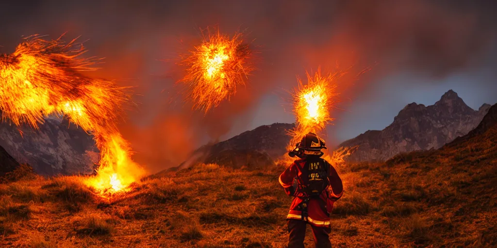 Image similar to giant fire ball attack comes from mountains, back view, 5 0 mm bokeh, night, epic, dramatic, realistic, 8 k, high details