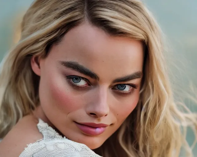 Image similar to a more beautiful version of margot robbie, hyper realistic face, beautiful eyes, cinematic, long shot, hyper detailed, 8 5 mm photograph, 8 k resolution, film still, sharp lens, wide lens