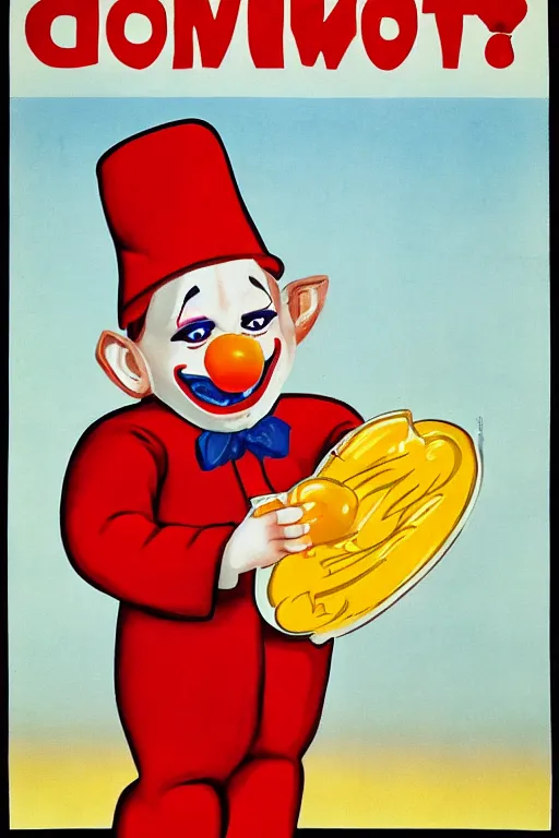 Prompt: propaganda poster of a clown convincing you to eat a pony everyday, soviet - era