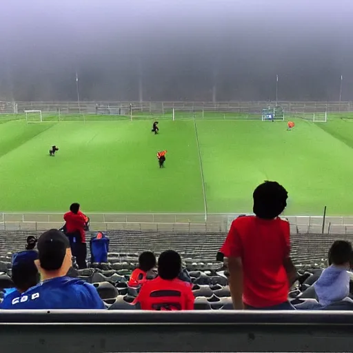 Prompt: dogs invading a soccer stadium while the game was happening, wide shot, phone quality, picture taken from the stadium bleachers, little fog, the soccer players are shocked