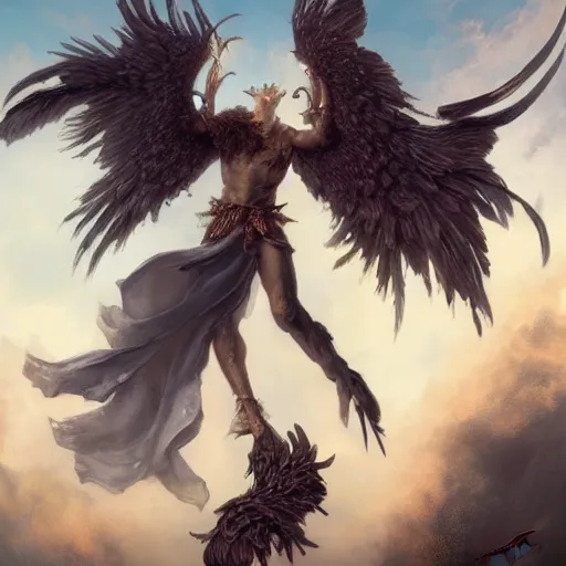 Image similar to full body shot of a male god with feathered wings on his shoulder, standing in front of a gate, digital art by raymond swanland and peter mohrbacher, 8 k,