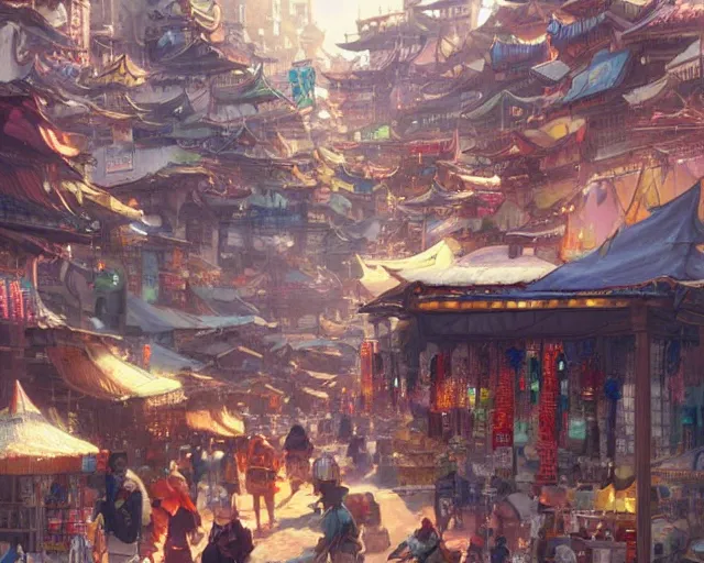 Image similar to colorful, bustling marketplace in a great kitsune city, a fantasy digital painting by Greg Rutkowski and James Gurney, trending on Artstation, highly detailed