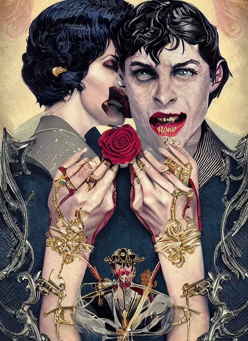 Image similar to tarot card :: horror :: vampires and draculas :: the great gatsby :: hearts and roses :: gold and silver :: guns and swords :: side profile :: highly details :: intricate details :: Sandra Chevrier and bastien lecouffe deharme