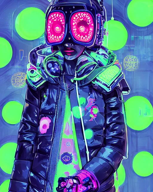 Image similar to detailed portrait Neon Operator Girl, cyberpunk futuristic neon, reflective puffer jacket, black leggings, decorated with traditional Japanese ornaments by Ismail inceoglu dragan bibin hans thoma !dream detailed portrait Neon Operator Girl, cyberpunk futuristic neon, reflective puffy coat, decorated with traditional Japanese ornaments by Ismail inceoglu dragan bibin hans thoma greg rutkowski Alexandros Pyromallis Nekro Rene Maritte Illustrated, Perfect face, fine details, realistic shaded, fine-face, pretty face