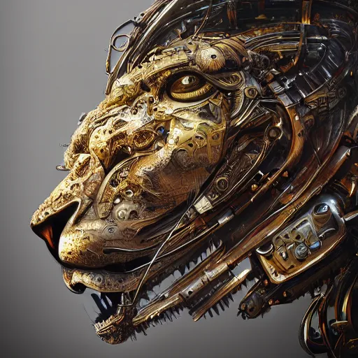 Prompt: a biomechanical lion made of scrap metal, cyberpunk, macro, intricate, elegant, highly detailed, digital painting, artstation, biolusence, concept art, sharp focus, art by artgerm and greg rutkowski and alphonse mucha, 8 k