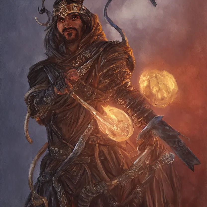 Prompt: an oil drawing of a gipsy tiefling with great sword in his hand in style of dark souls, a character portrait by muggur, disco elysium character, featured on deviantart, fantasy art, concept art, official art, hd mod