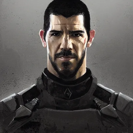 Image similar to portrait of a man by greg rutkowski, he looks like scott adkins, he is wearing a black kevlar gear, highly detailed portrait, digital painting, artstation, concept art, smooth, sharp foccus ilustration, artstation hq