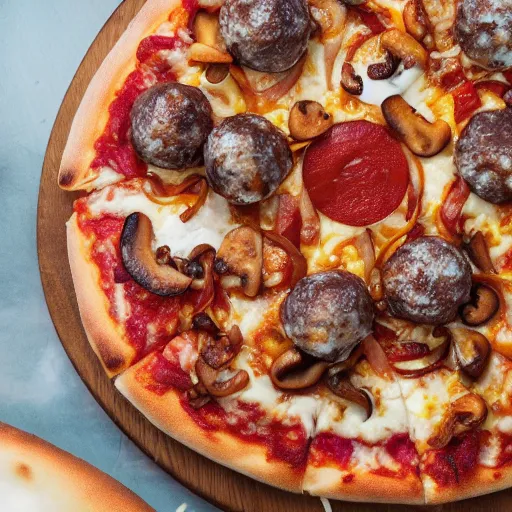 Image similar to promotional portrait photo of a delicious pizza with mozzarella, chorizo, mushrooms, bacon, blue cheese, meat balls, red onions, uhd, 8 k, award winning, commercial,