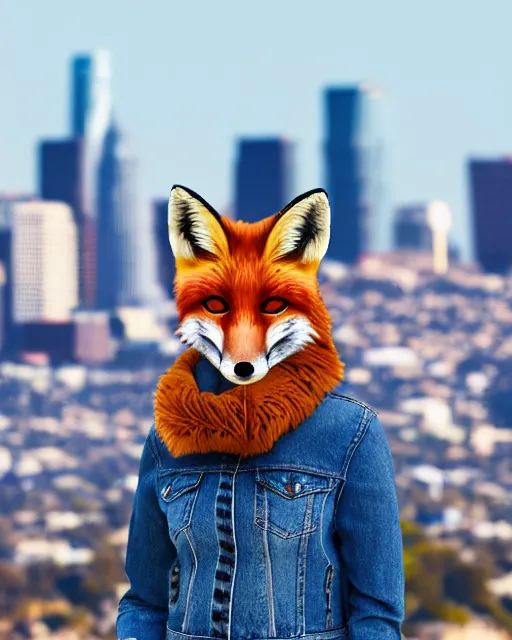 Image similar to photorealistic photo of anthropomorphic female fox animal dressed in jean jacket and scarf, fox animal, los angeles skyline in background, 8 5 mm f / 1. 4,