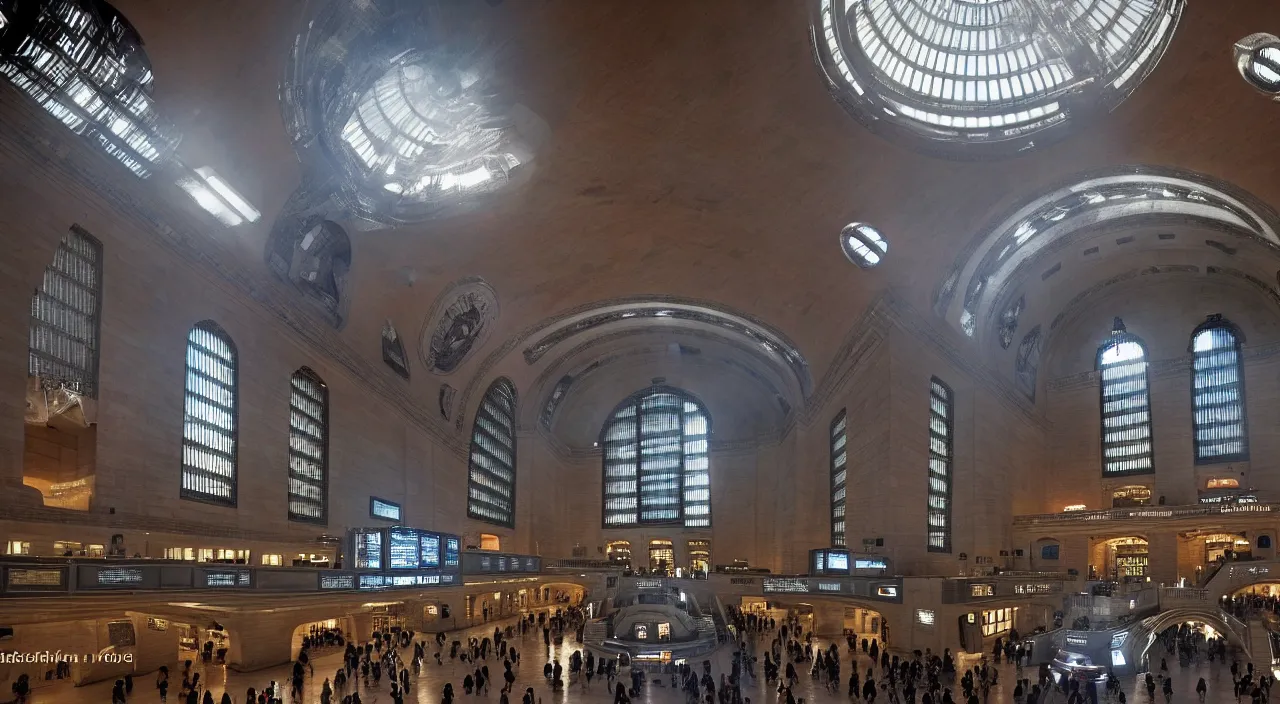 Prompt: a futuristic grand central station with portals and stargates to other worlds and times, by ridley scott, stunning atmosphere, high octane, cinematic lighting 4 k