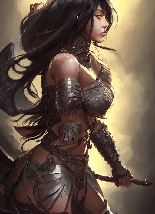 Image similar to beautiful warrior lady, black long hair, practical armor, brown skin, demonic eyes, low fantasy, extremely detailed, sharp focus, smooth, digital illustration, by rossdraws, frank franzzeta, sakimichan