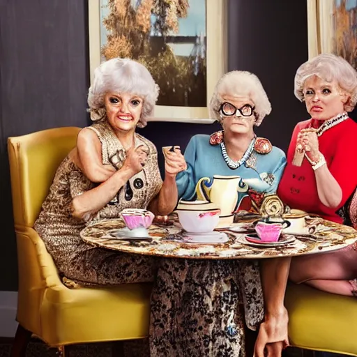 Image similar to john cena having tea with the golden girls, realistic photography, face detailed, high detailed