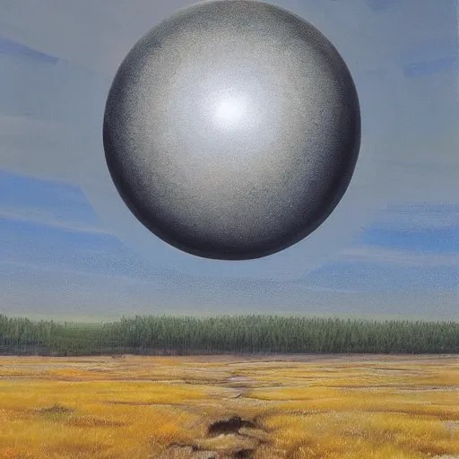 Prompt: a beautiful yet terrifying oil painting of a massive, unknown smooth sphere in Siberia