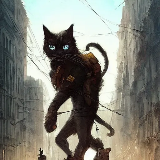 Image similar to gigantic cat walking on apocalyptic city, very detailed fine art, trend of artistation, style of greg rutkowski and kasinskii