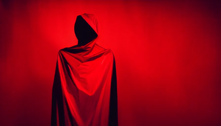 Image similar to portrait photograph of enigmatic figure wrapped in red sheet in darkness, high contrast, hard light, digital art, rendering, cloth simulation, redshift