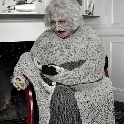 Prompt: terrifying old witch knits a sweater of worms in a rocking chair illuminated by the glow of the fireplace