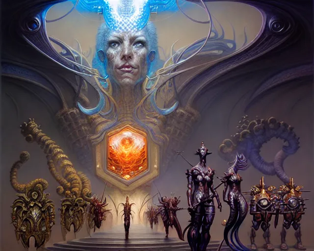 Image similar to the hall of heroes, fantasy character portrait made of fractals facing each other, ultra realistic, wide angle, intricate details, the fifth element artifacts, highly detailed by peter mohrbacher, hajime sorayama, wayne barlowe, boris vallejo, aaron horkey, gaston bussiere, craig mullins