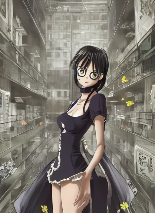 Image similar to a full body character design of a beautiful girl streaming inside tall building, Digital 2D, highly detailed, sharp focus, smooth, cinematic, art by Eiichiro Oda