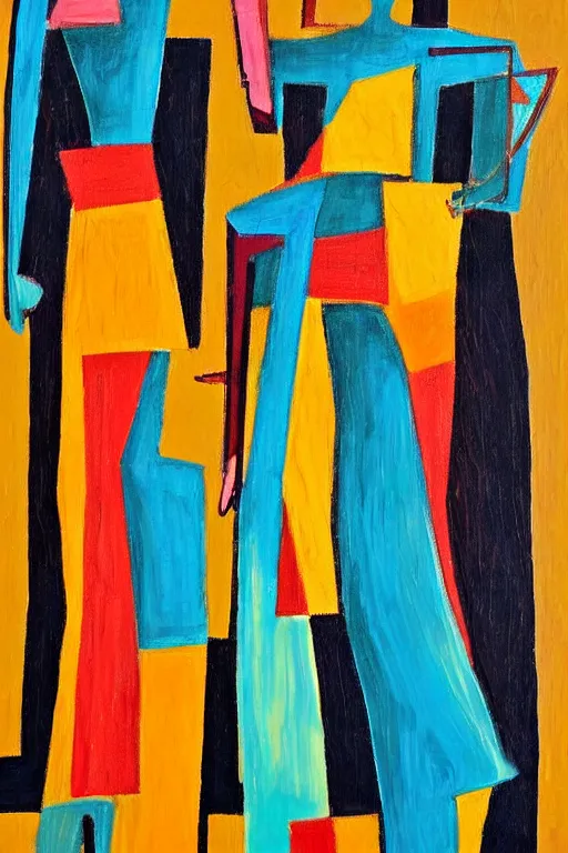 Image similar to neo cubistic painting of two tall figures, very abstract, sandy colors, clear brush strokes, in the style of Jessalyn Brooks