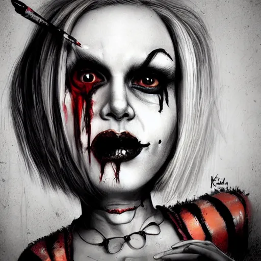 Image similar to surrealism grunge cartoon portrait sketch of harley quinn, by michael karcz, loony toons style, freddy krueger style, horror theme, detailed, elegant, intricate