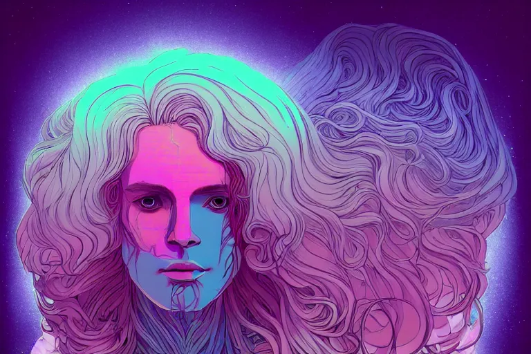 Image similar to cell shaded, muted vaporwave ombre. double exposure, replicant druid of creativity, flowing hair, beautiful character fashion design, by josan gonzalez, shag, nagel, and paul lehr and david heskin and seb mckinnon and jared s. merantz and alex grey, hi - fructose, 8 k, digital matte painting