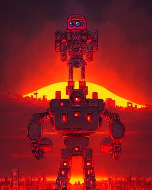 Image similar to giant robot with ominously glowing red eyes stands on top of city that is on fire, concept art, intricate details, highly detailed, in the style of rodger dean, moebius, michael whelan, pascal blanche