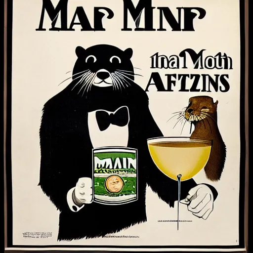 Image similar to a man holding a martini with an otter swimming in it while the otter gives a thumbs up in a 1 9 2 0 s advertisement poster