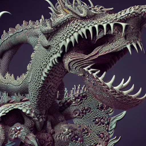 Prompt: Ultra detailed 3d render of fractal dragon, fantasy skull, intricate ornate details, mandelbrot, octane render, 8k, high quality, volumetric lighting, smooth surface render