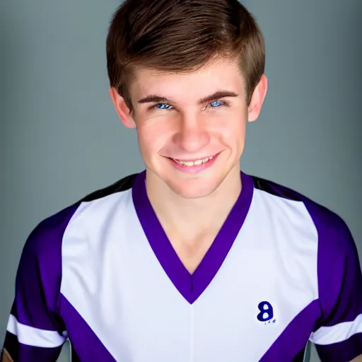 Image similar to photographic portrait of a young white male smiling with short brown hair that sticks up in the front, blue eyes, groomed eyebrows, tapered hairline, sharp jawline, wearing a purple white volleyball jersey, sigma 85mm f/1.4, 35mm, 4k, high resolution, 4k, 8k, hd, full color