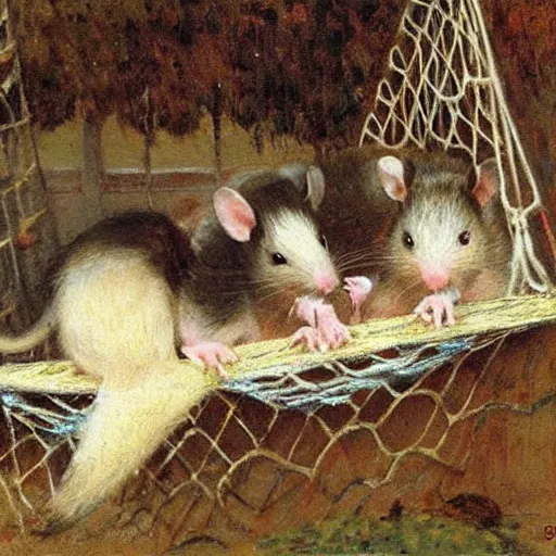 Prompt: Gaston Bussiere painting of two pet rats lounging inside a hammock, soft lighting