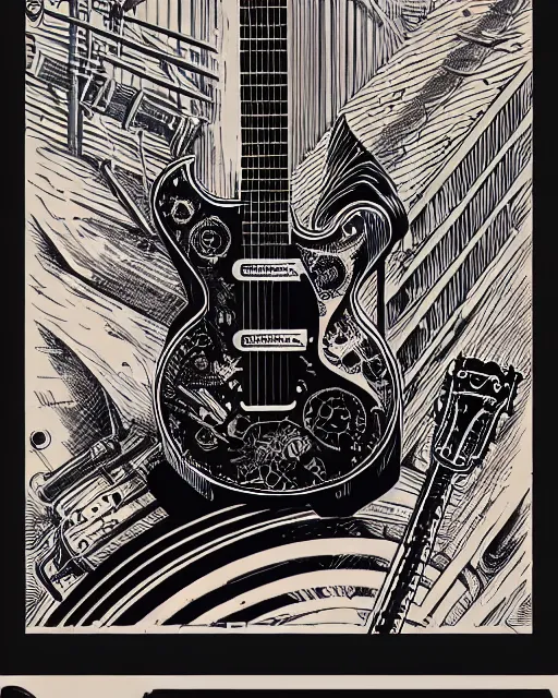 Image similar to a steampunk guitar leaning on an guitar amp, two point perspective, high details, bold line art, by vincent di fate and joe fenton, inking, etching, screen print, masterpiece, trending on artstation, sharp, high contrast, hyper - detailed,, hd, 4 k, 8 k