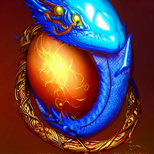 Image similar to an elaborate glowing red and blue dragon egg emerging from the blossom of a metallic gold flower with tendrils of gold wrapping around the egg, fantasy concept art