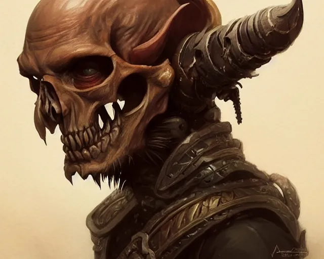 Image similar to a mind - blowing portrait of a goblin chieftain wearing a human skull, deep focus, d & d, fantasy, intricate, elegant, highly detailed, digital painting, artstation, concept art, matte, sharp, illustration, hearthstone, art by artgerm and greg rutkowski and alphonse mucha